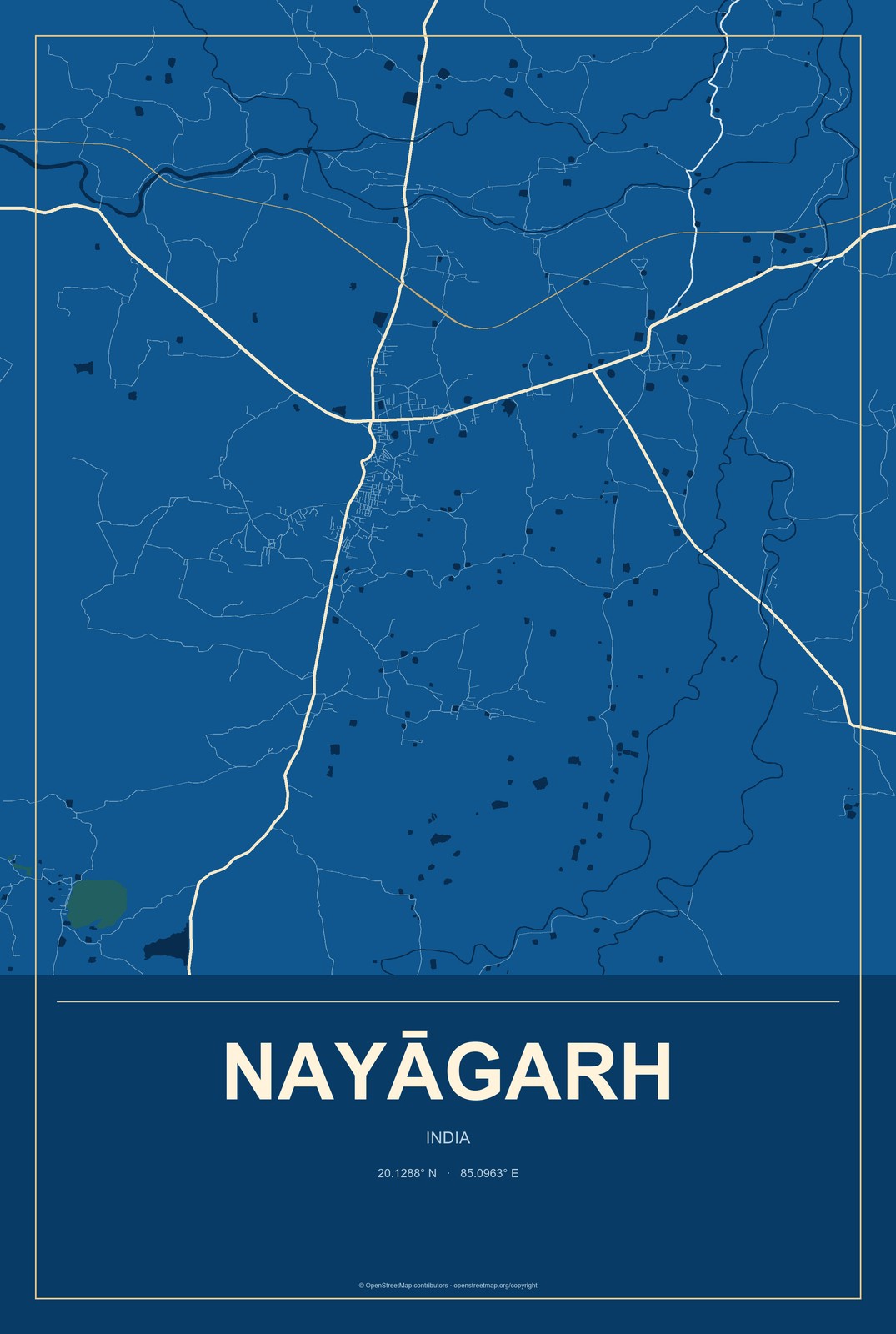 Nayāgarh, India City Map Aluminum Sign in Harbor Cobalt style