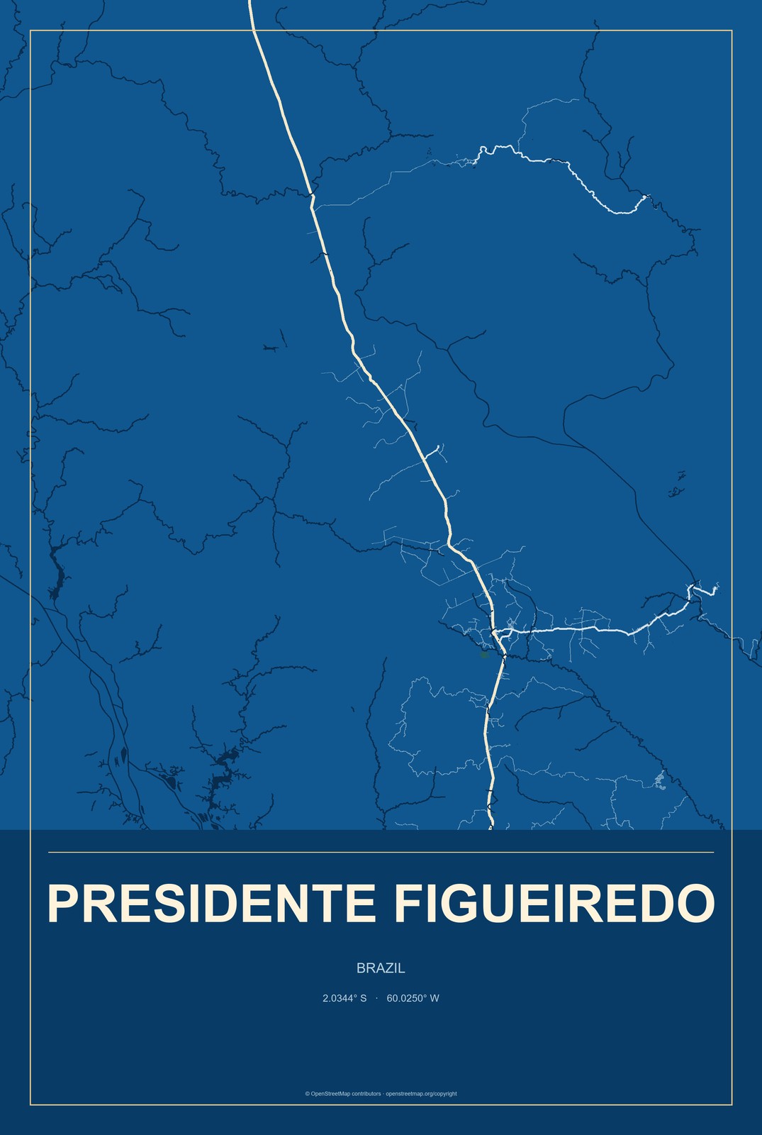Presidente Figueiredo, Brazil City Map Aluminum Sign in Harbor Cobalt style