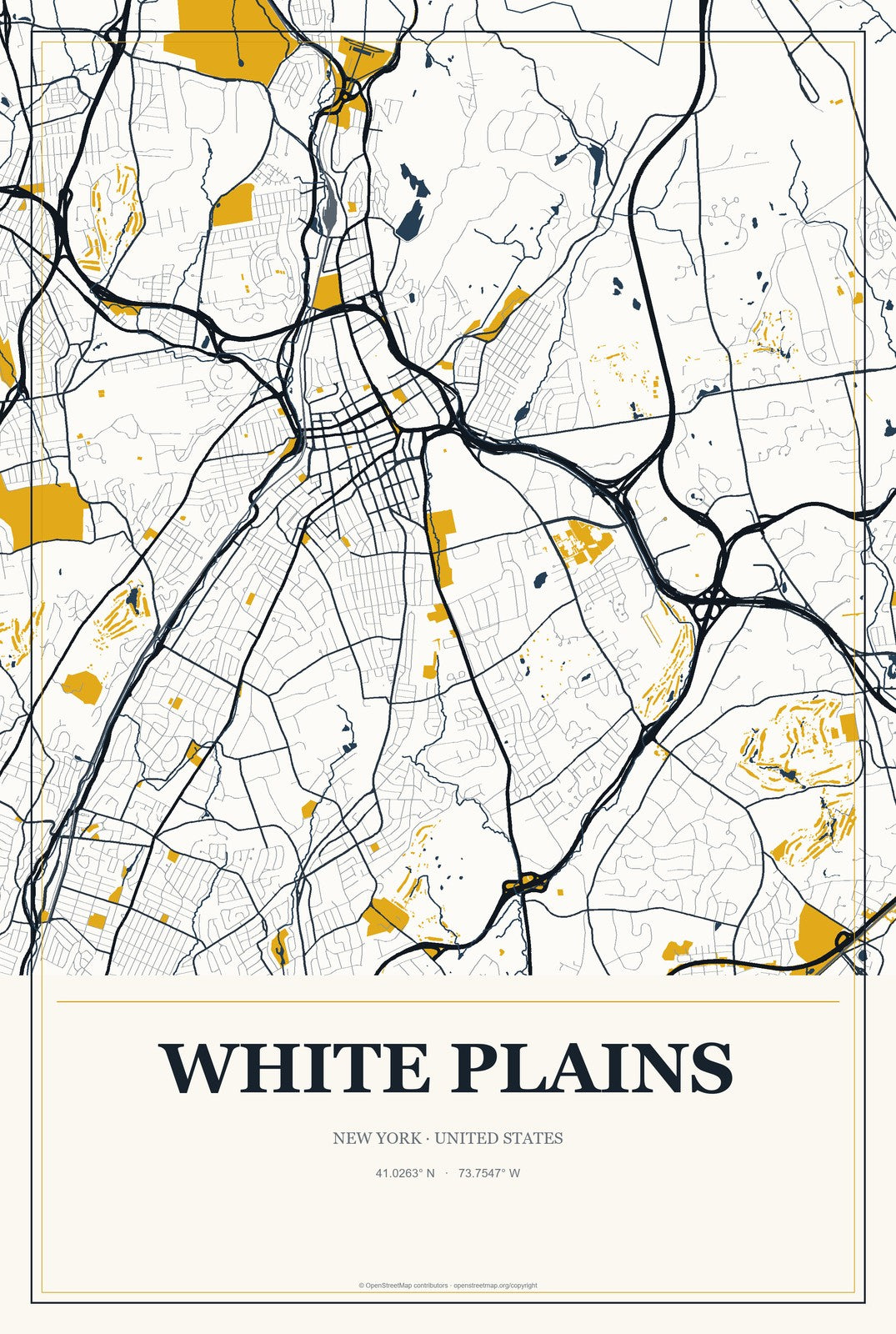 White Plains, New York City Map Aluminum Sign in Citrine Modern style
