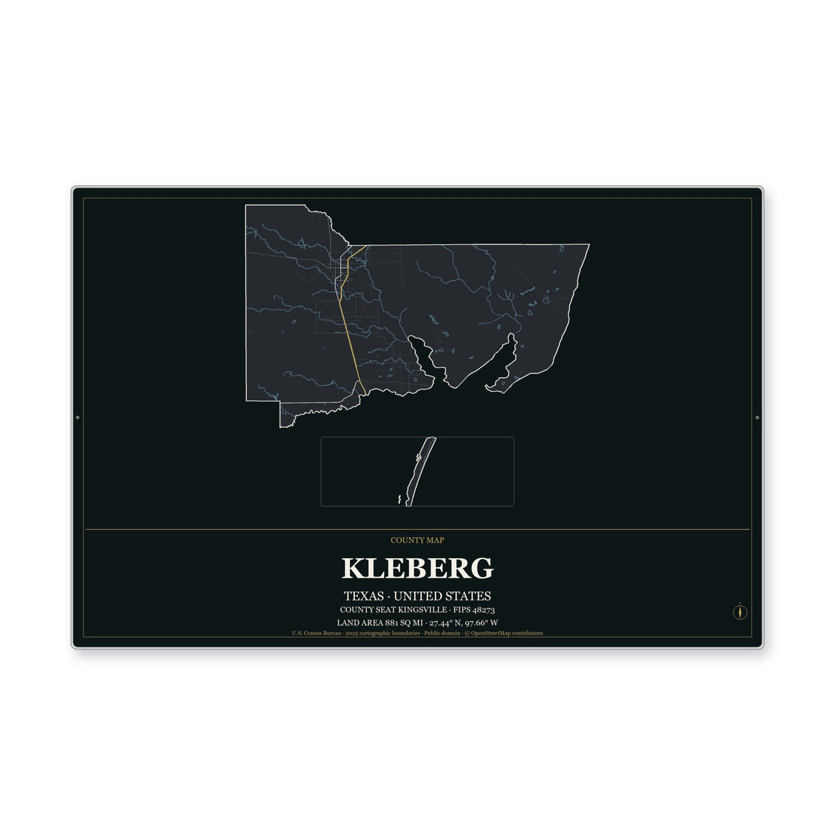 Kleberg County, Texas Map Aluminum Sign in Metropolitan Noir style