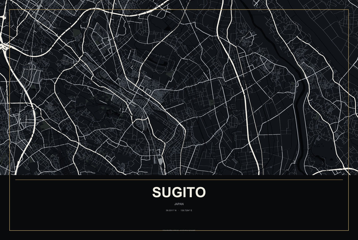 Sugito, Japan City Map Aluminum Sign in Metropolitan Noir style