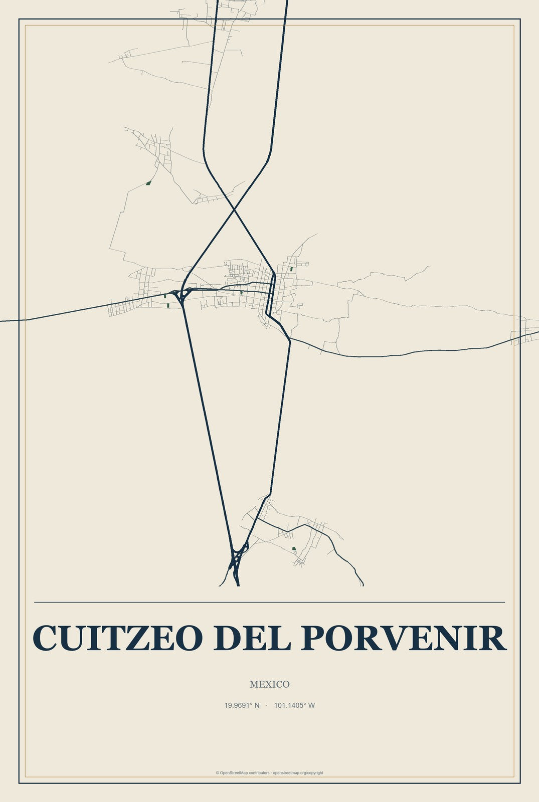 Cuitzeo del Porvenir, Mexico City Map Aluminum Sign in Coastal Cutout style