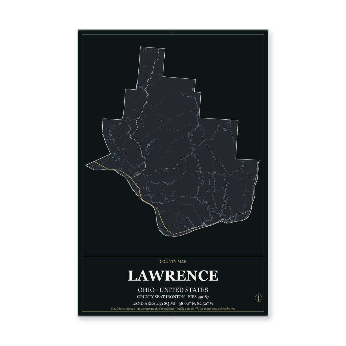 Lawrence County, Ohio Map Aluminum Sign in Metropolitan Noir style
