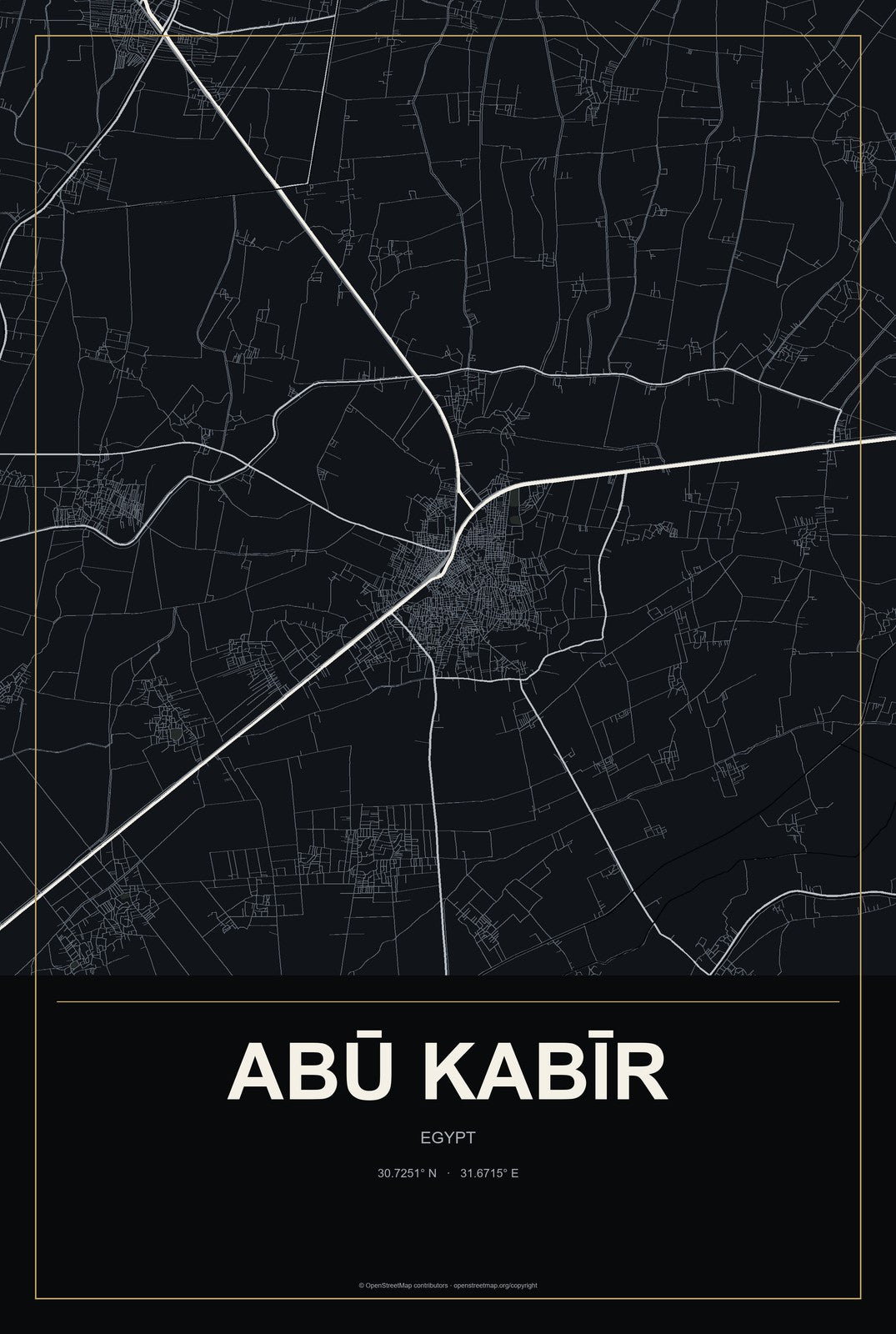Abū Kabīr, Egypt City Map Aluminum Sign in Metropolitan Noir style