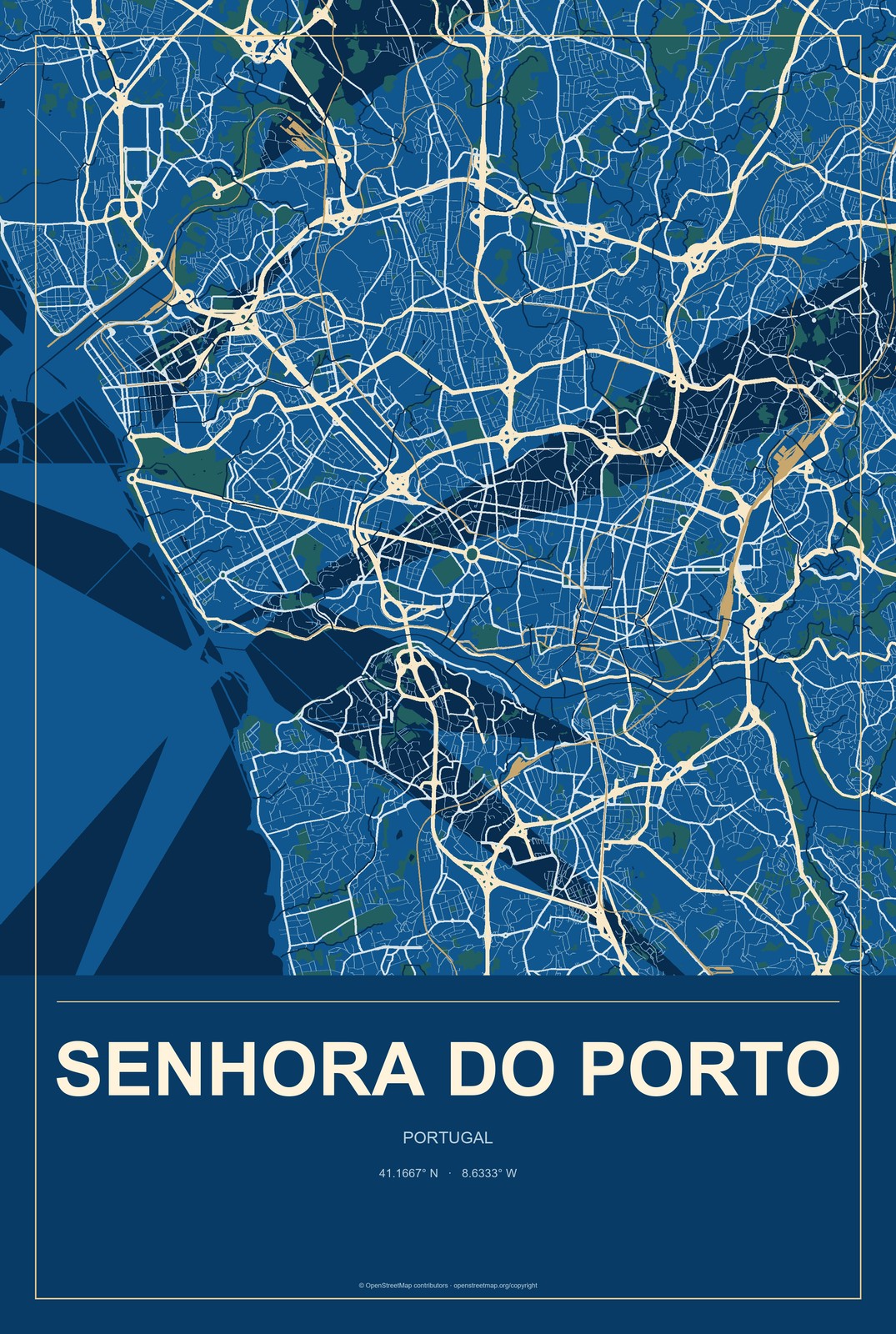 Senhora do Porto, Portugal City Map Aluminum Sign in Harbor Cobalt style