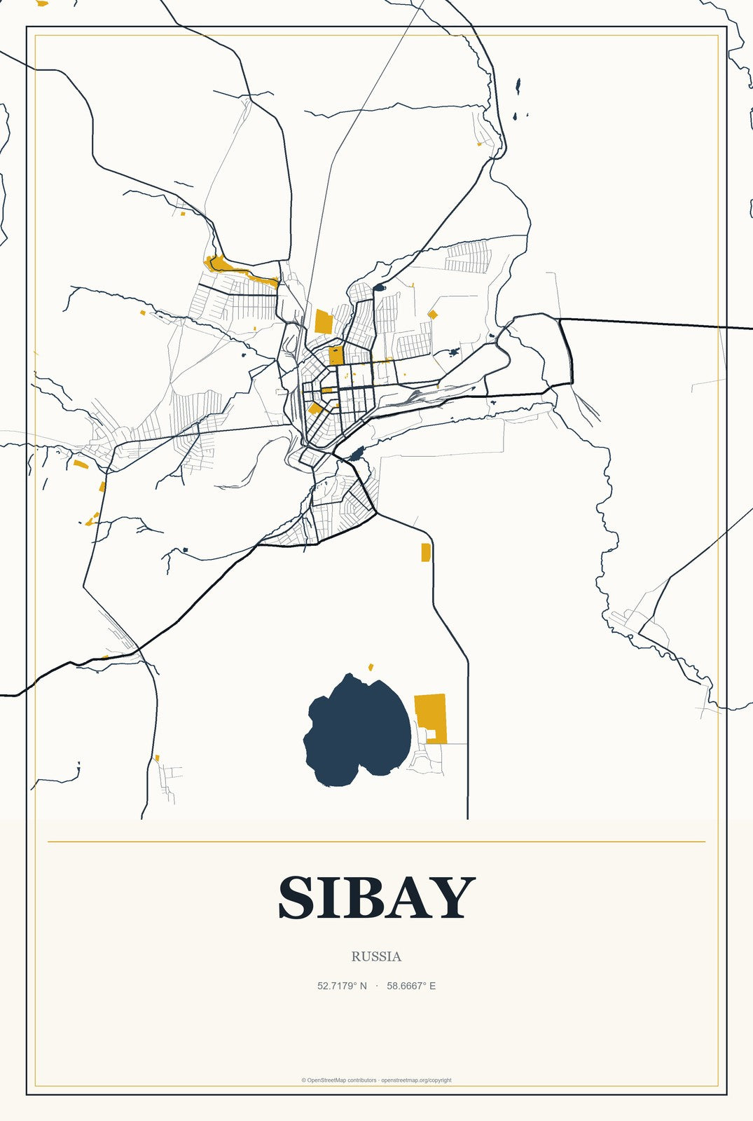 Sibay, Russia City Map Aluminum Sign in Citrine Modern style