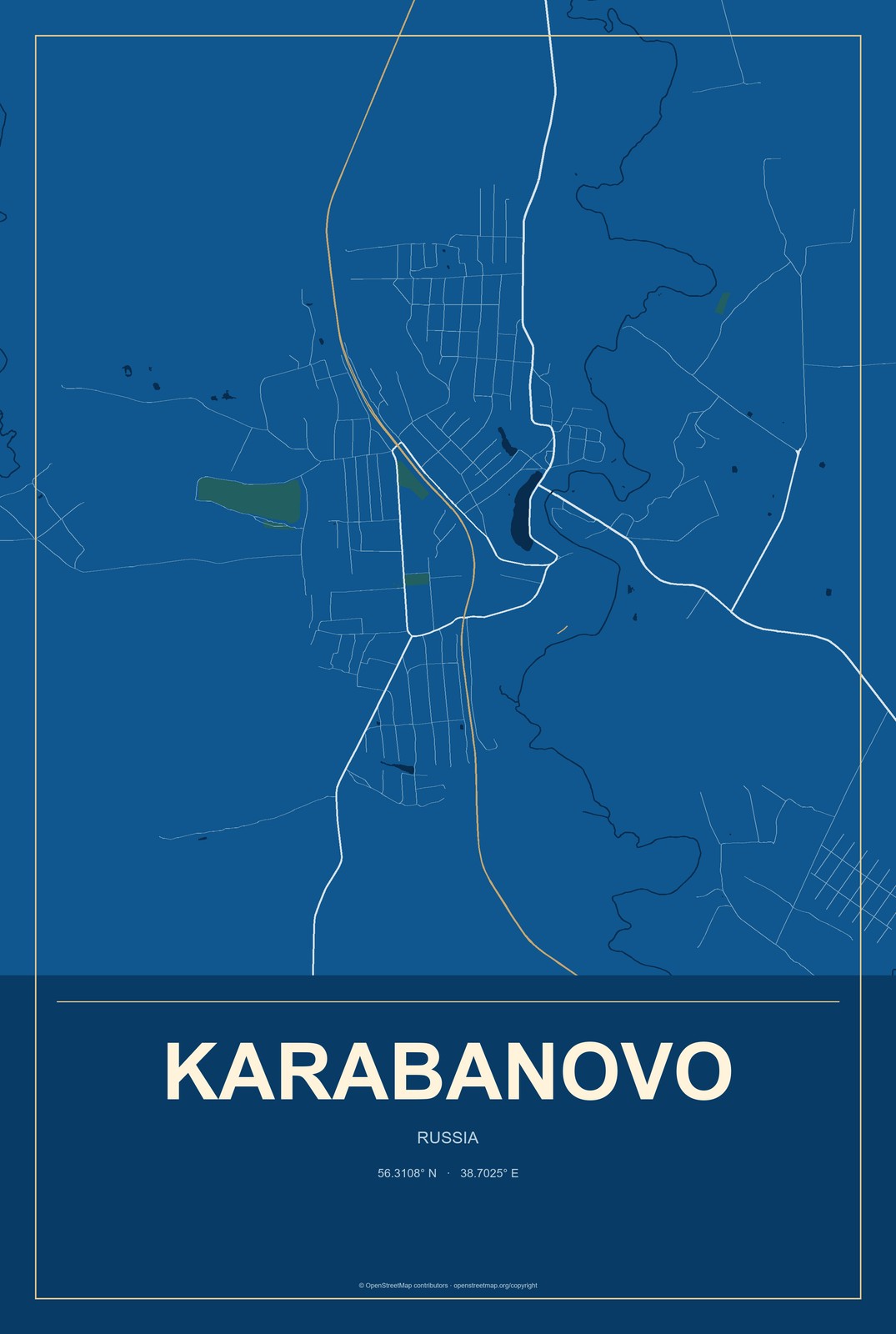 Karabanovo, Russia City Map Aluminum Sign in Harbor Cobalt style