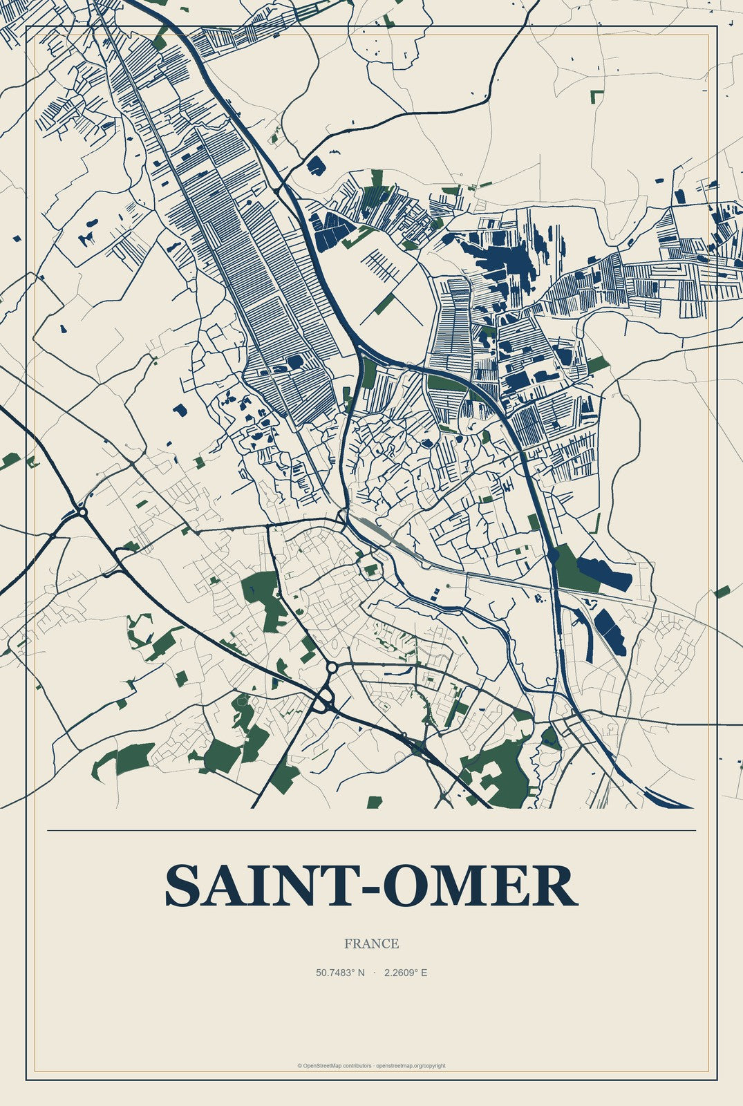 Saint-Omer, France City Map Aluminum Sign in Coastal Cutout style