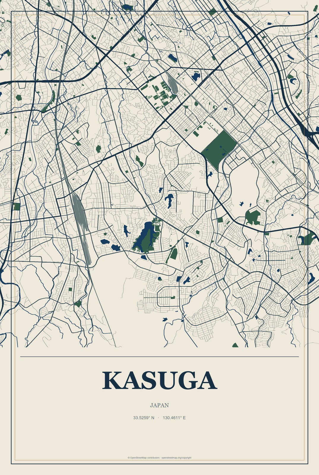 Kasuga, Japan City Map Aluminum Sign in Coastal Cutout style