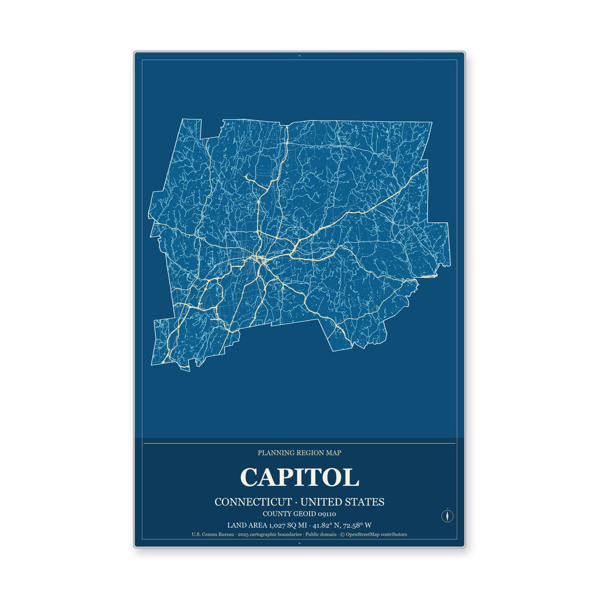 Capitol Planning Region, Connecticut Map Aluminum Sign in Harbor Cobalt style