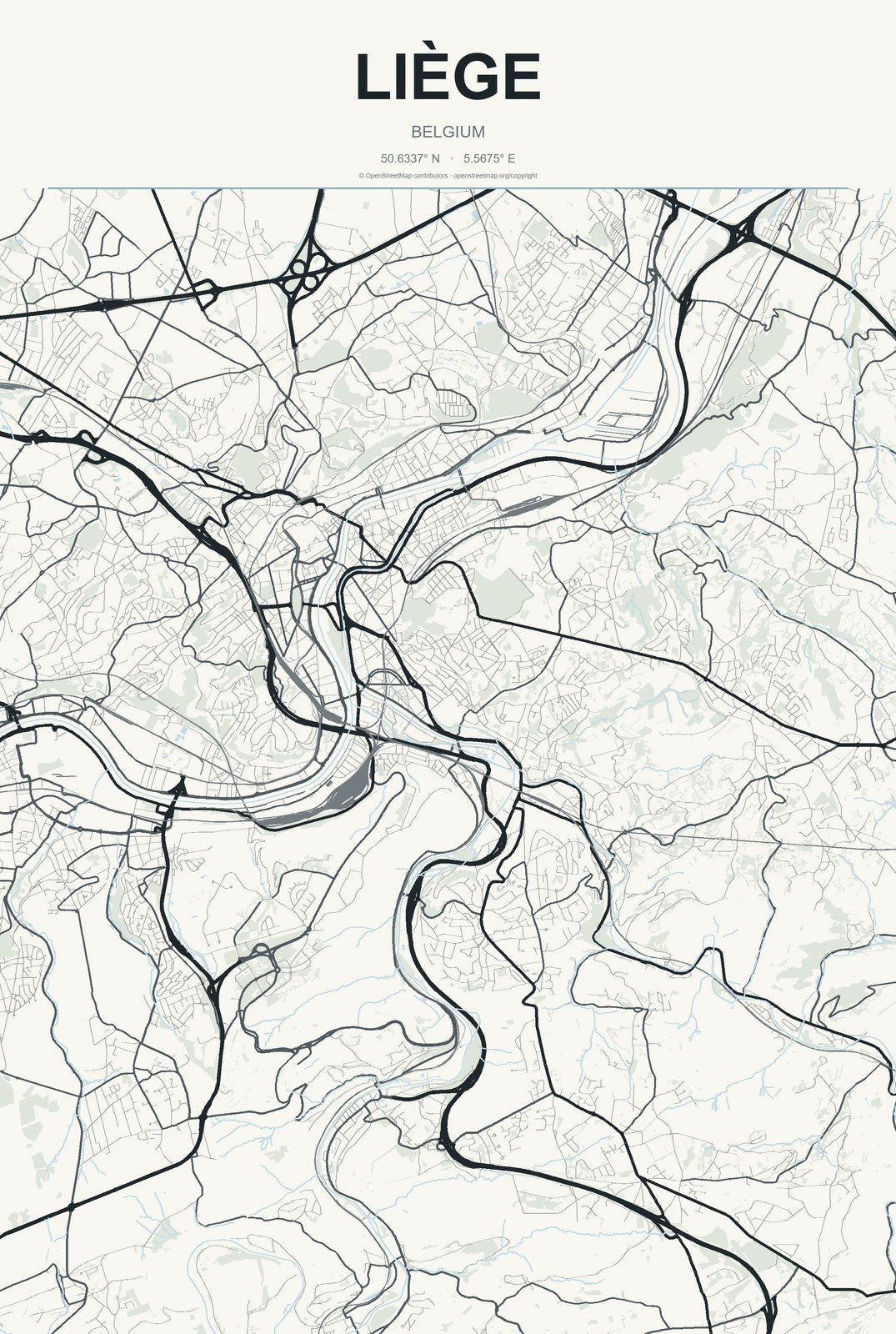 Liège, Belgium City Map Aluminum Sign in Headline Atlas style