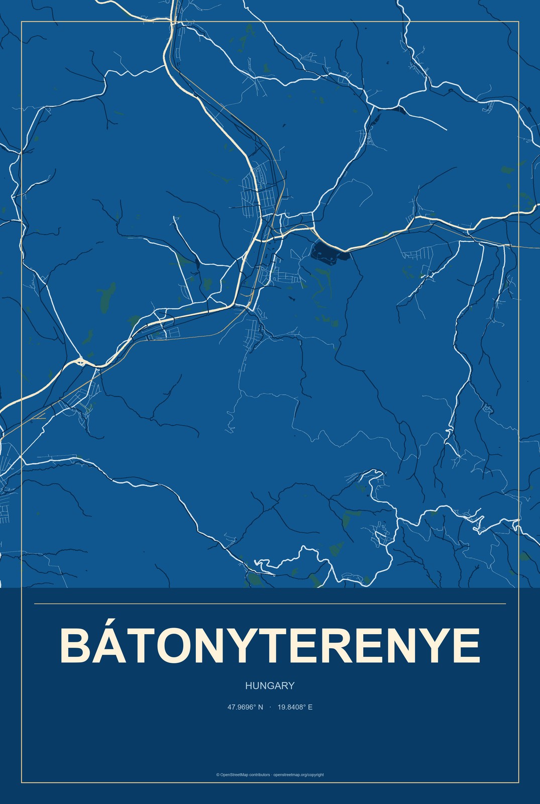 Bátonyterenye, Hungary City Map Aluminum Sign in Harbor Cobalt style