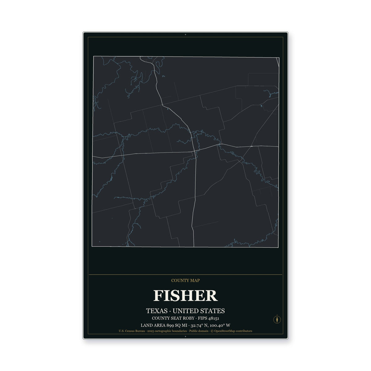 Fisher County, Texas Map Aluminum Sign in Metropolitan Noir style