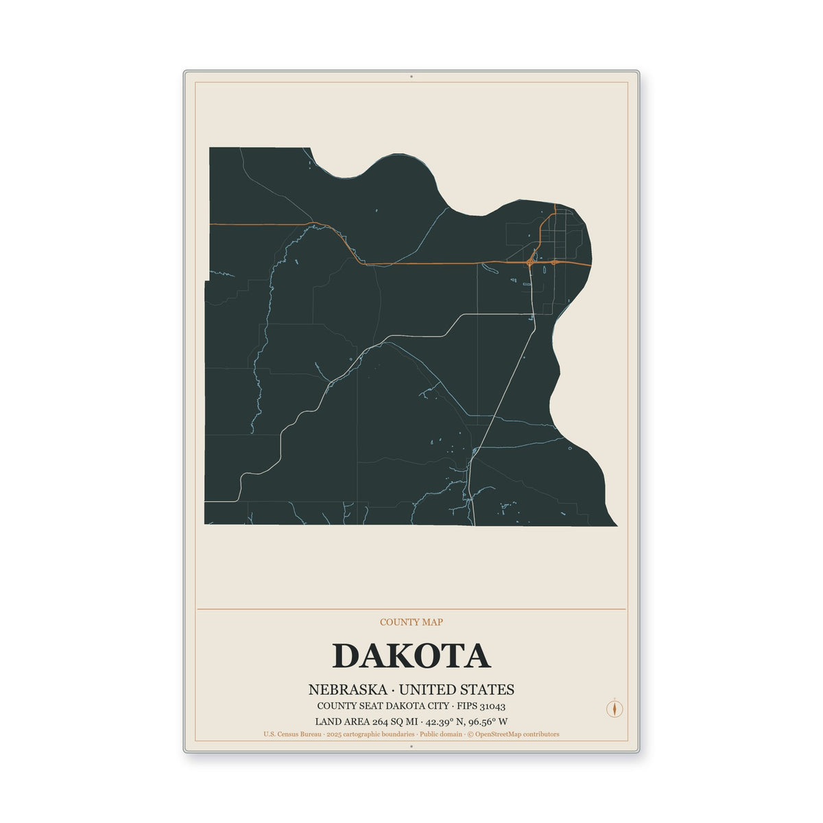 Dakota County, Nebraska Map Aluminum Sign in Headline Atlas style