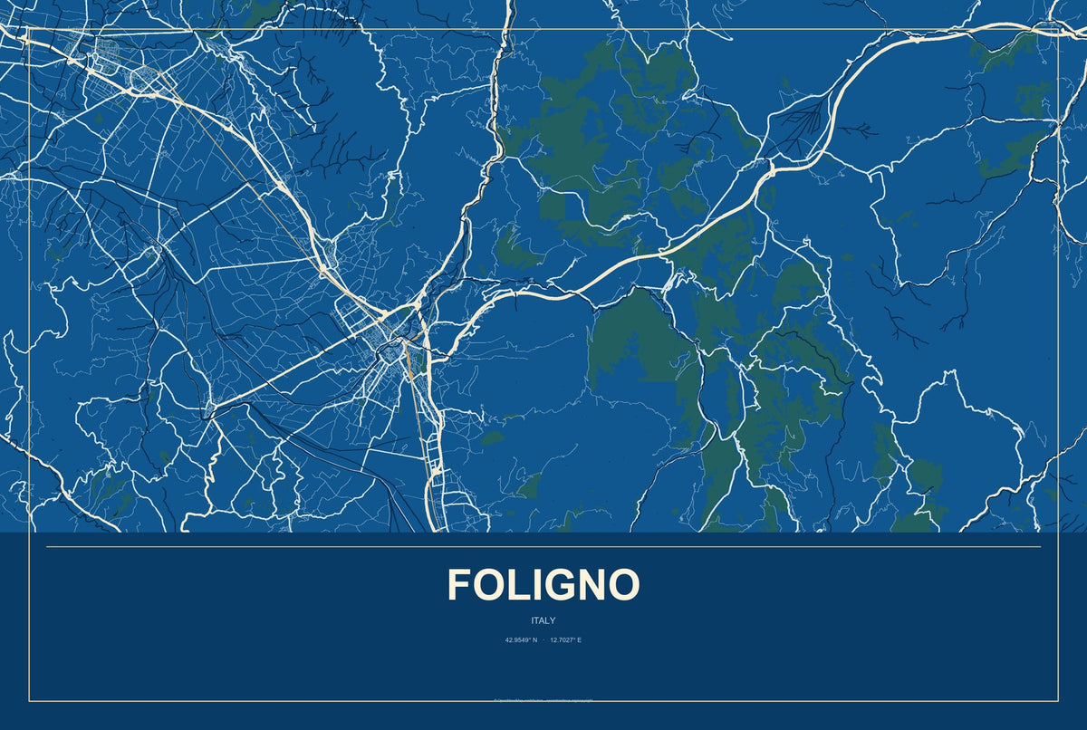 Foligno, Italy City Map Aluminum Sign in Harbor Cobalt style