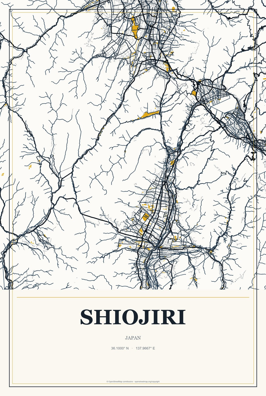 Shiojiri, Japan City Map Aluminum Sign in Citrine Modern style