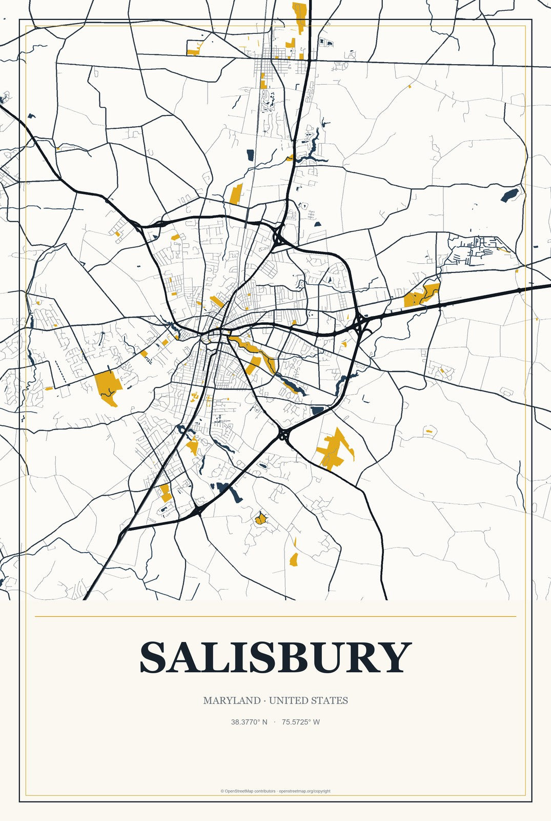 Salisbury, Maryland City Map Aluminum Sign in Citrine Modern style