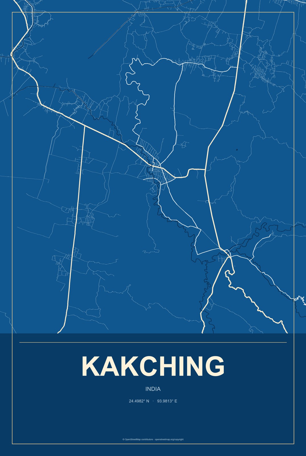 Kakching, India City Map Aluminum Sign in Harbor Cobalt style