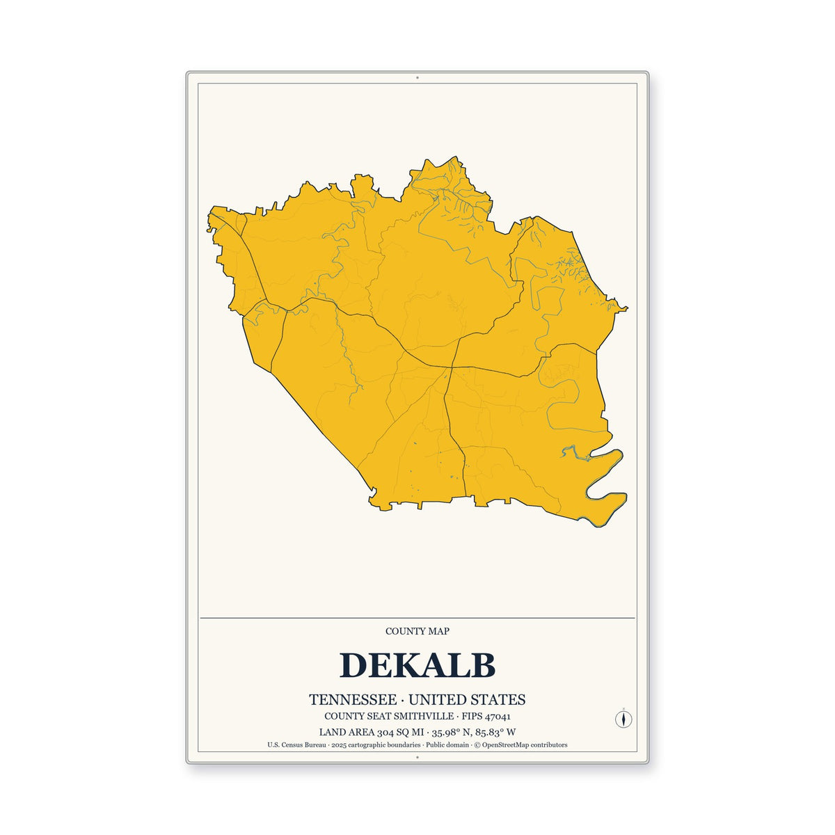 DeKalb County, Tennessee Map Aluminum Sign in Citrine Modern style