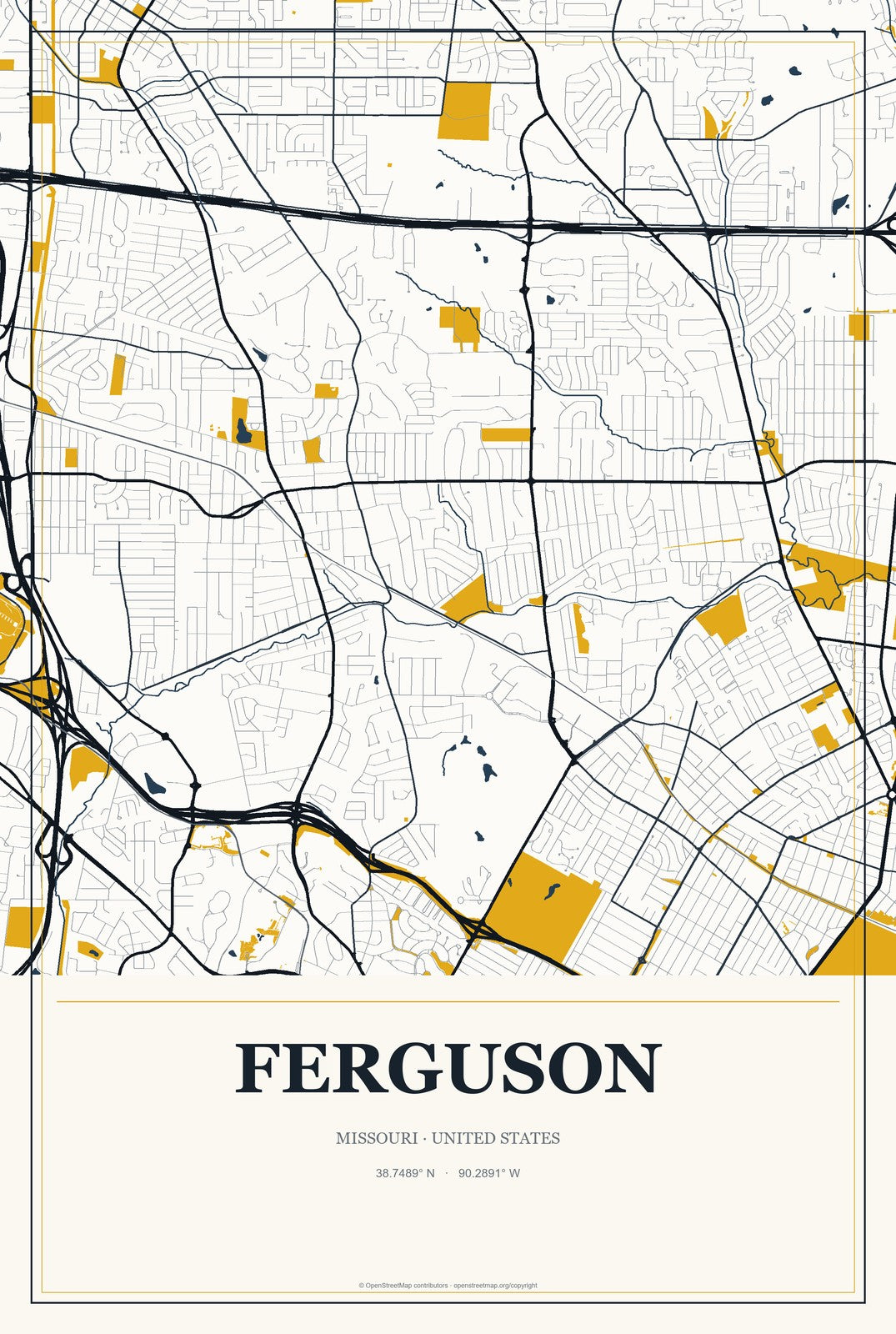 Ferguson, Missouri City Map Aluminum Sign in Citrine Modern style