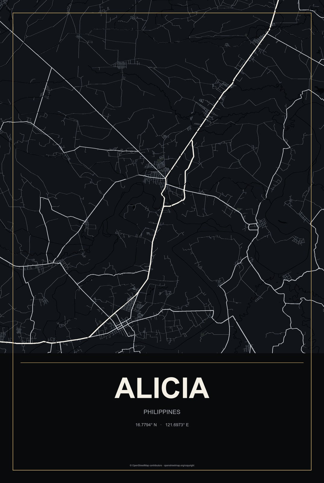Alicia, Philippines City Map Aluminum Sign in Metropolitan Noir style