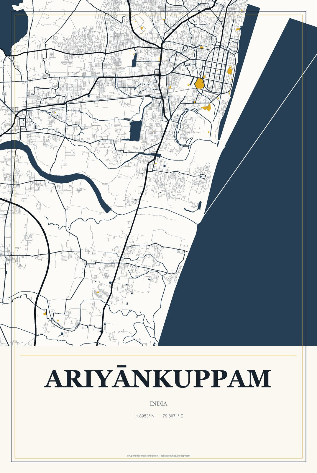 Ariyānkuppam, India City Map Aluminum Sign in Citrine Modern style