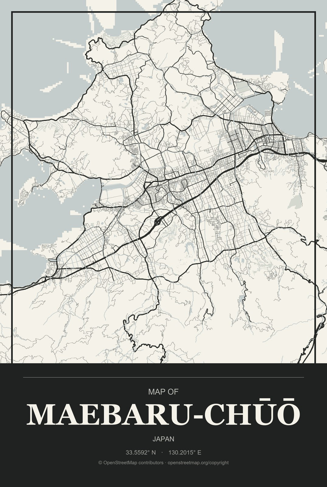Maebaru-chūō, Japan City Map Aluminum Sign in Museum Plaque style
