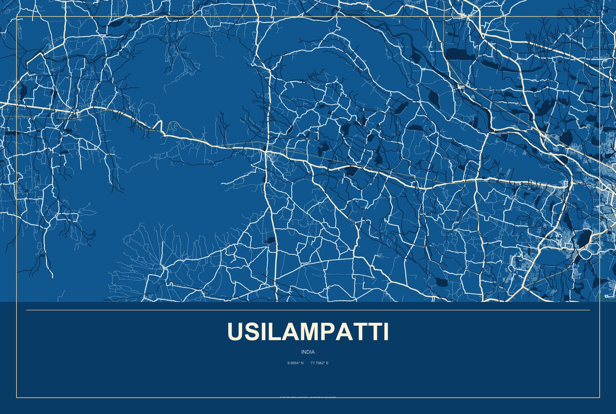 Usilampatti, India City Map Aluminum Sign in Harbor Cobalt style