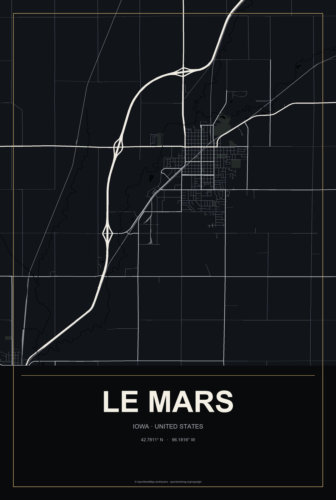 Le Mars, Iowa City Map Aluminum Sign in Metropolitan Noir style