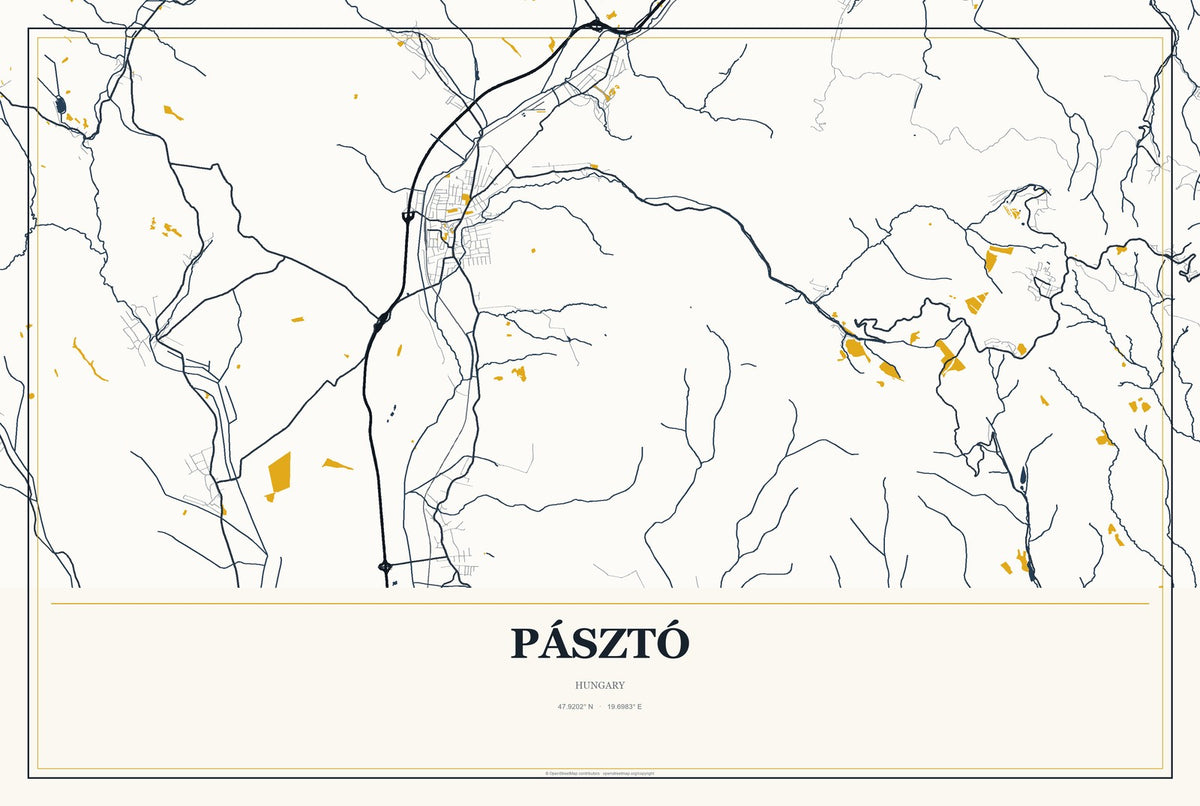 Pásztó, Hungary City Map Aluminum Sign in Citrine Modern style