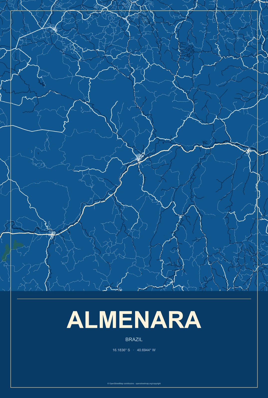 Almenara, Brazil City Map Aluminum Sign in Harbor Cobalt style