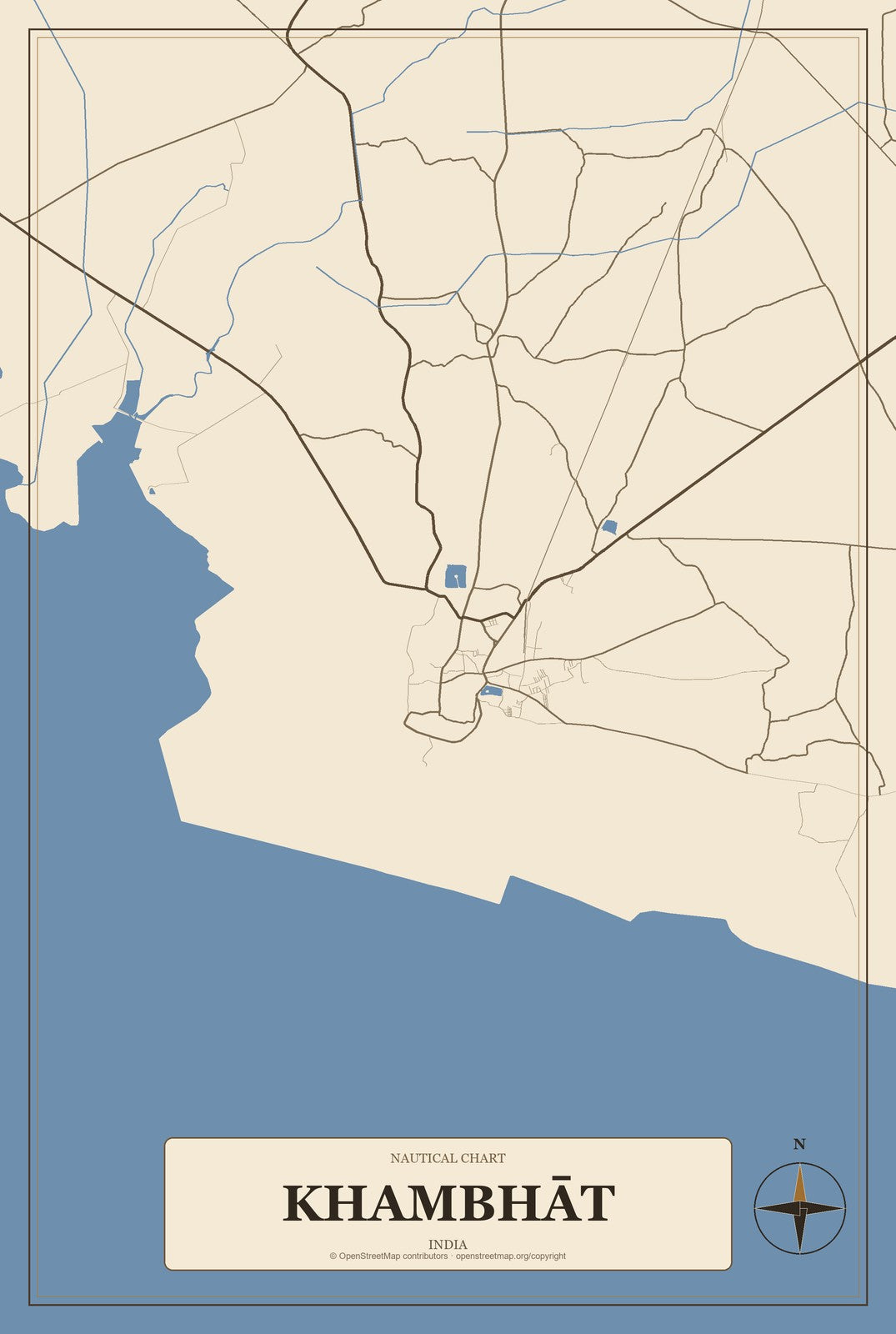 Khambhāt, India City Map Aluminum Sign in Heritage Nautical style