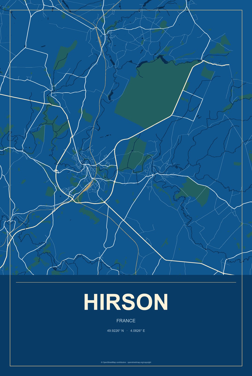Hirson, France City Map Aluminum Sign in Harbor Cobalt style