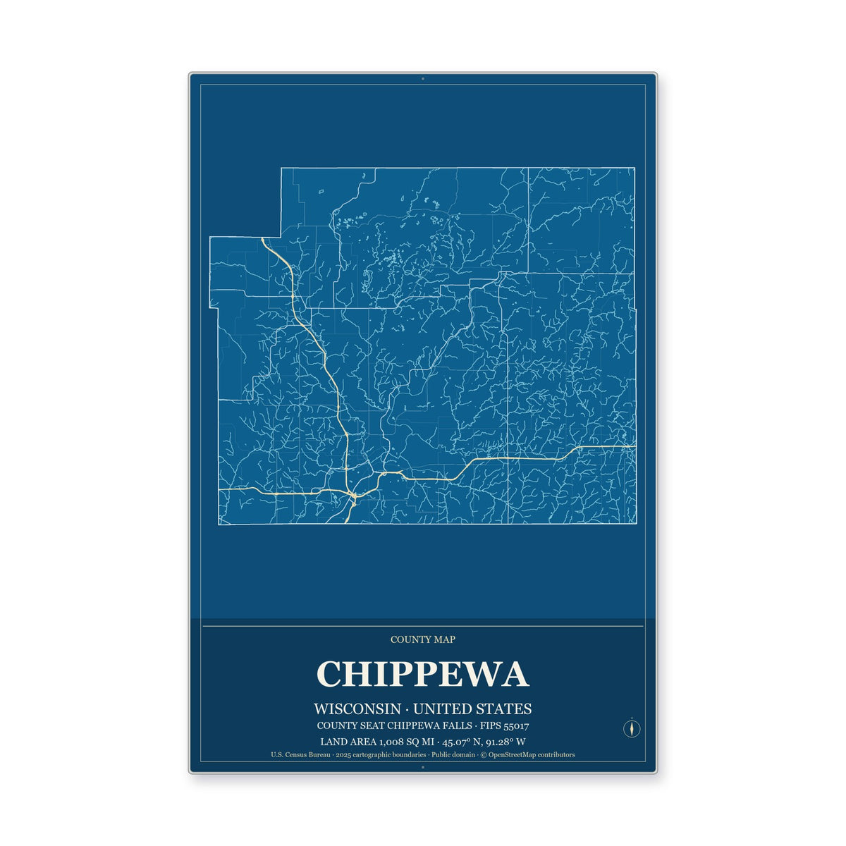Chippewa County, Wisconsin Map Aluminum Sign in Harbor Cobalt style