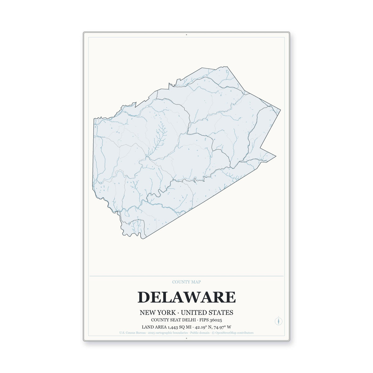 Delaware County, New York Map Aluminum Sign in Gallery Air style