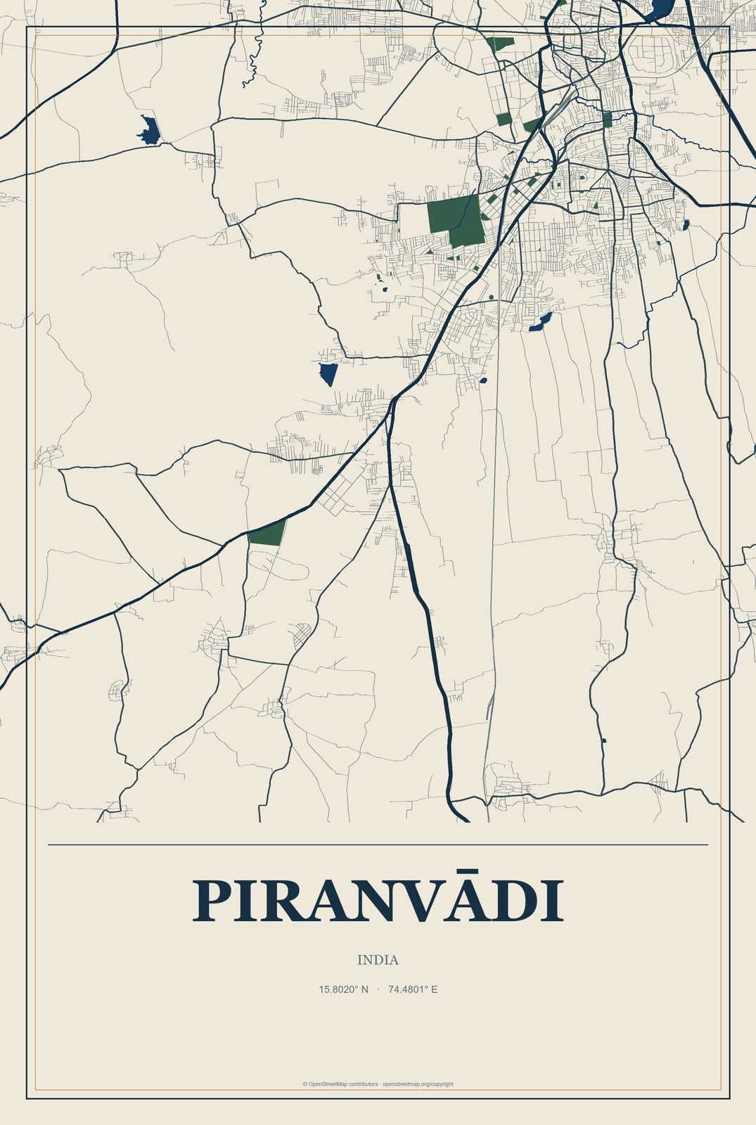 Piranvādi, India City Map Aluminum Sign in Coastal Cutout style