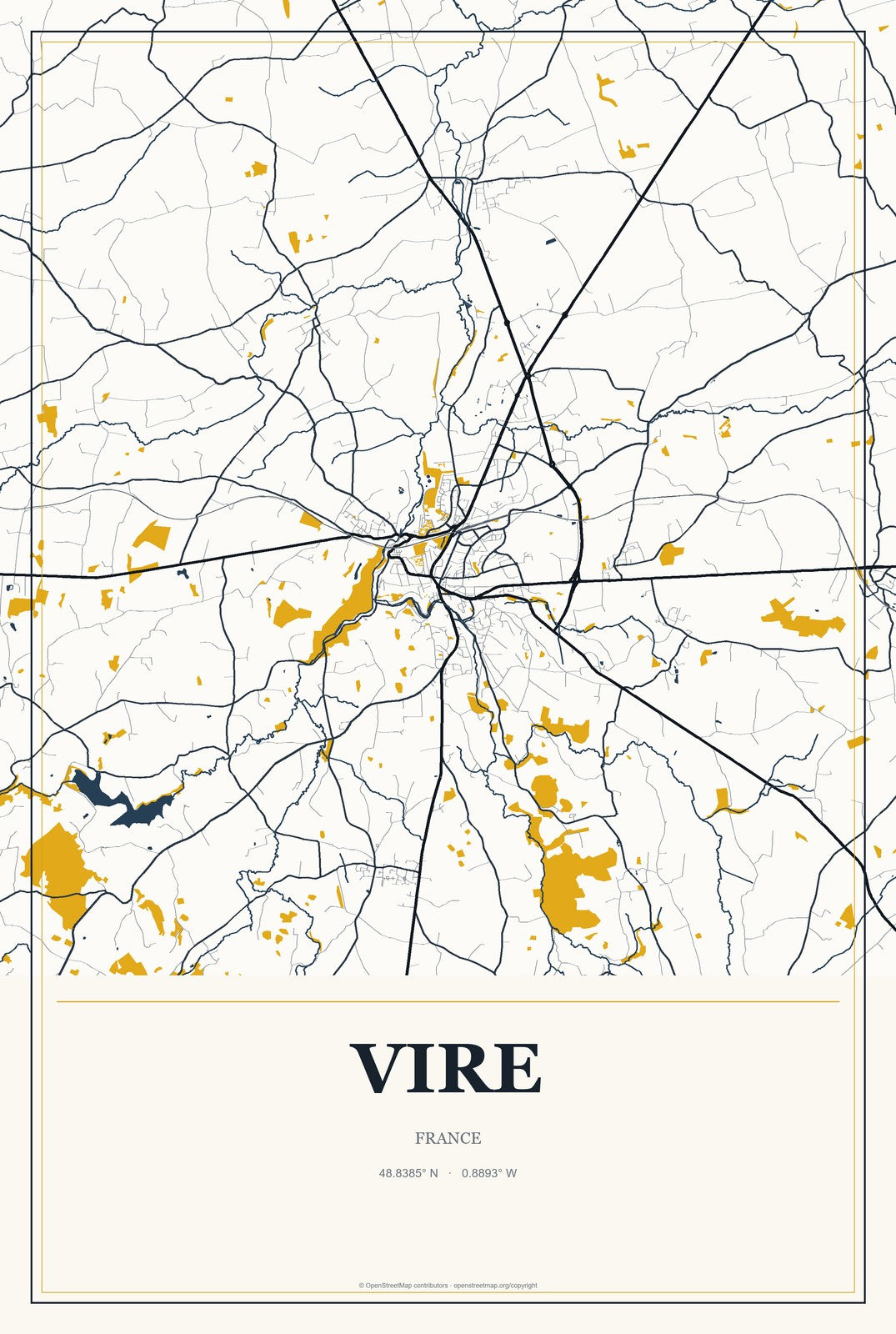 Vire, France City Map Aluminum Sign in Citrine Modern style