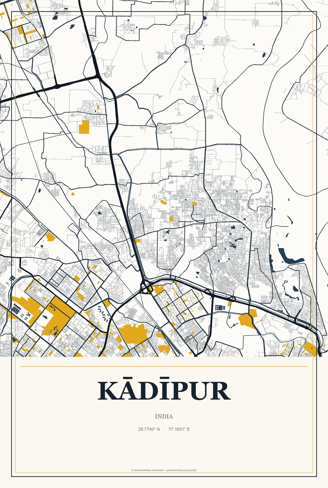 Kādīpur, India City Map Aluminum Sign in Citrine Modern style