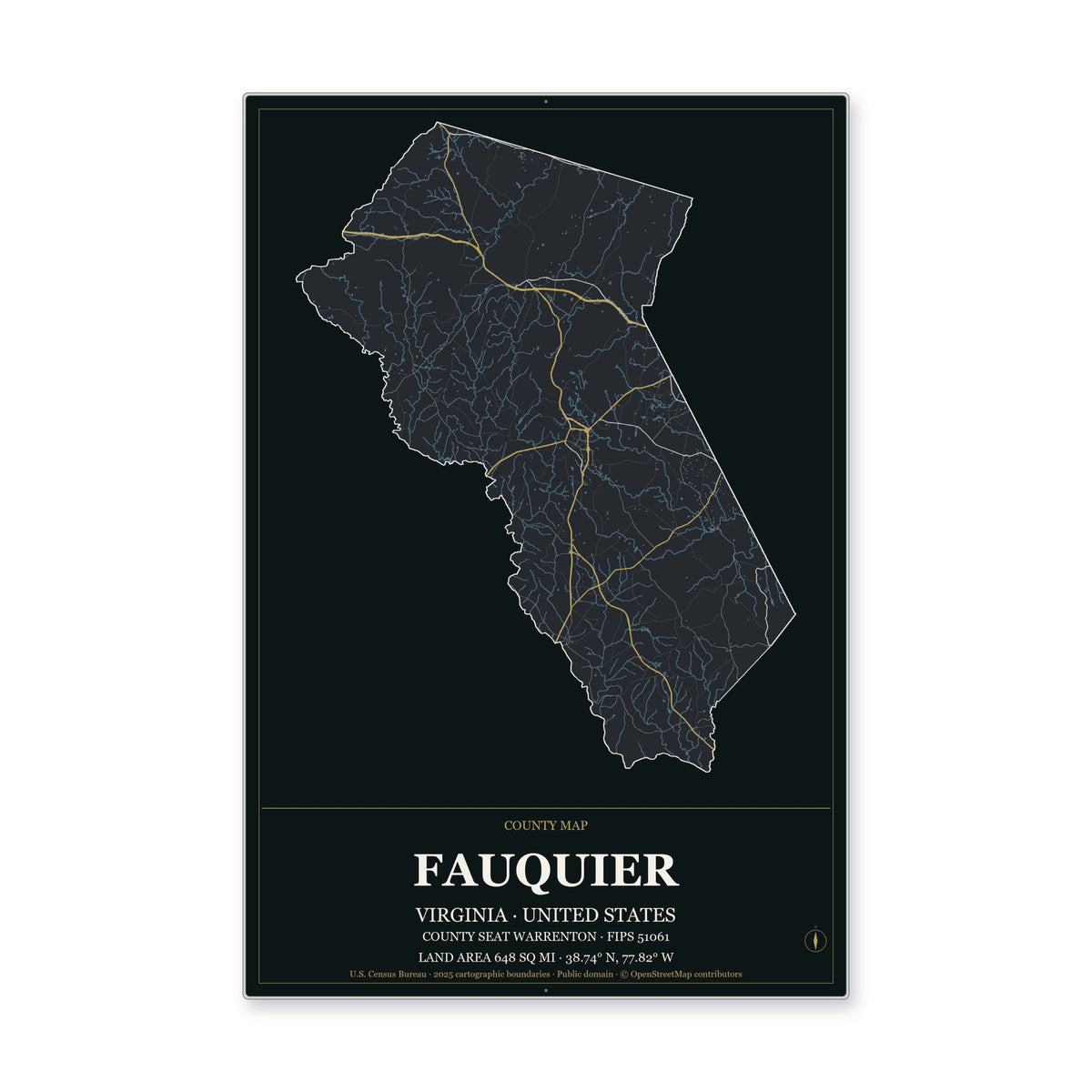 Fauquier County, Virginia Map Aluminum Sign in Metropolitan Noir style