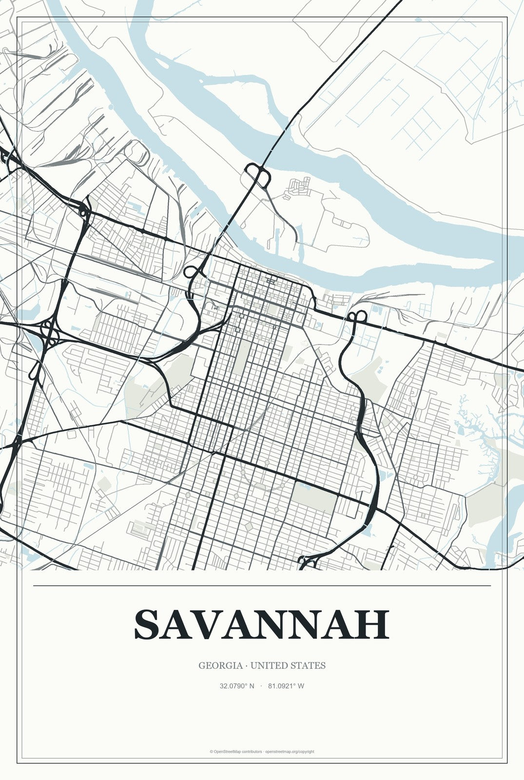 Savannah, Georgia City Map Aluminum Sign in Gallery Air style