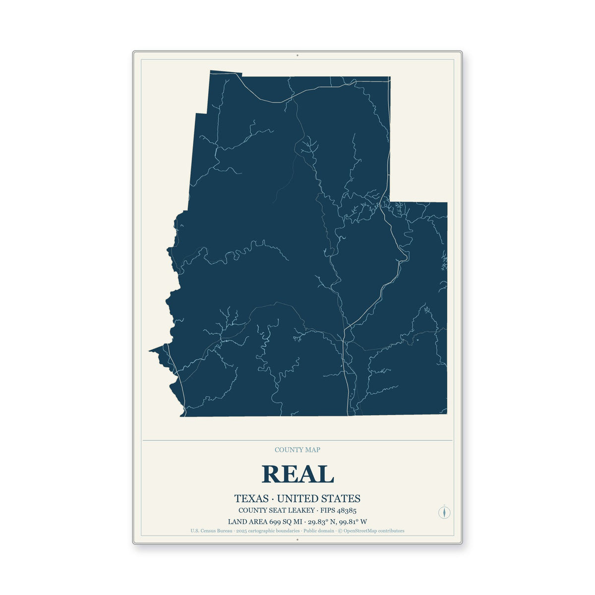 Real County, Texas Map Aluminum Sign in Coastal Cutout style