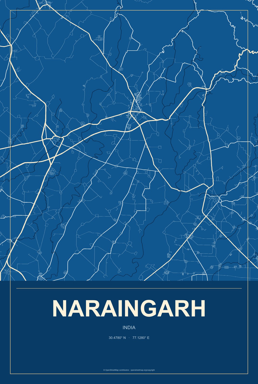 Naraingarh, India City Map Aluminum Sign in Harbor Cobalt style