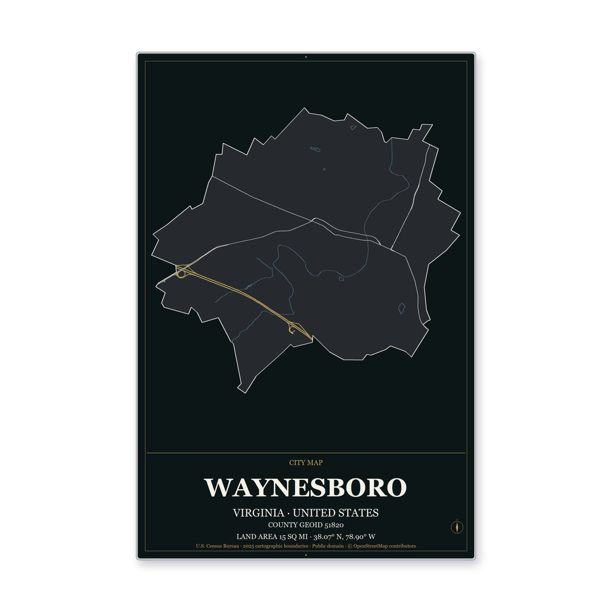 Waynesboro city, Virginia Map Aluminum Sign in Metropolitan Noir style