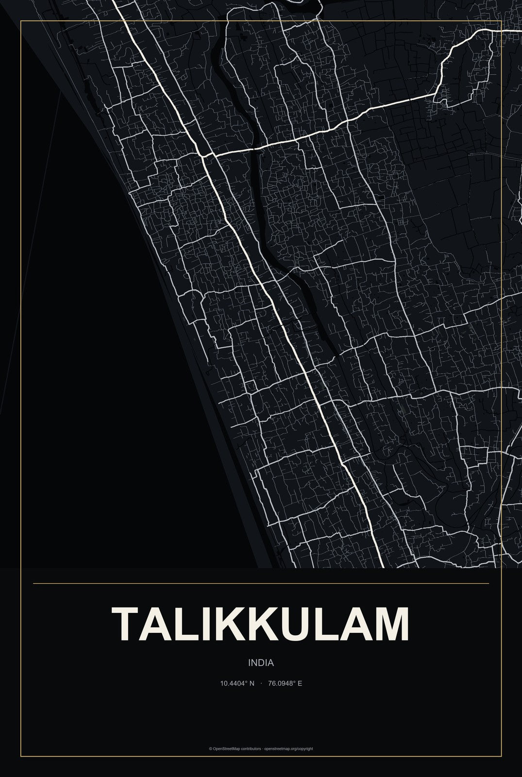 Talikkulam, India City Map Aluminum Sign in Metropolitan Noir style