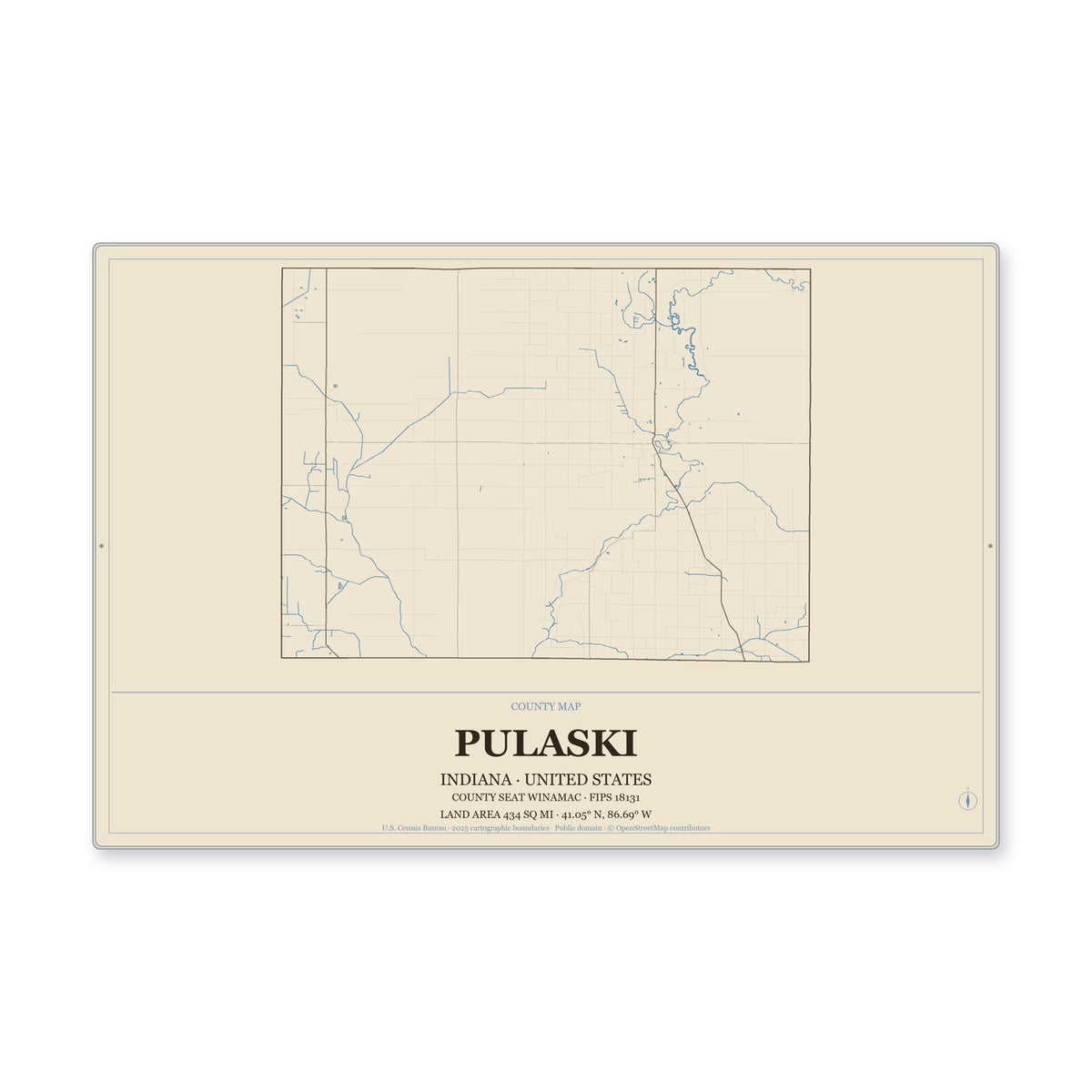 Pulaski County, Indiana Map Aluminum Sign in Heritage Nautical style