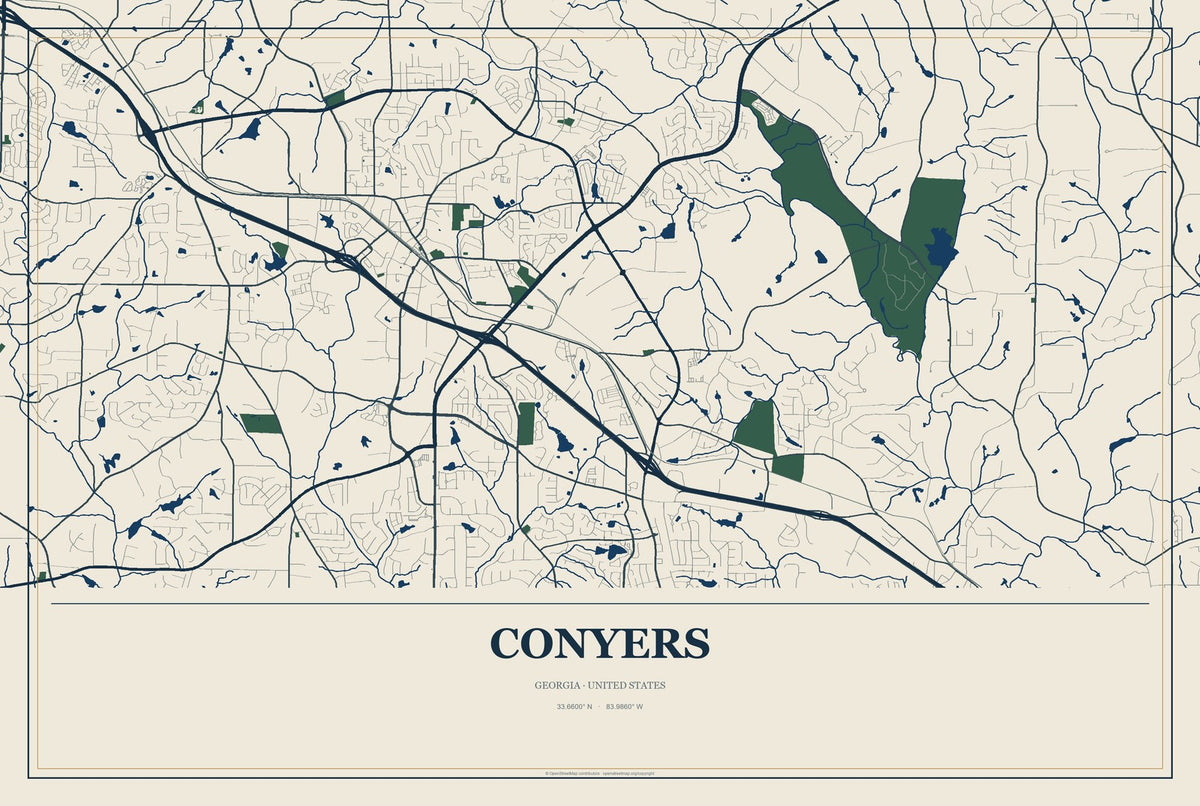 Conyers, Georgia City Map Aluminum Sign in Coastal Cutout style