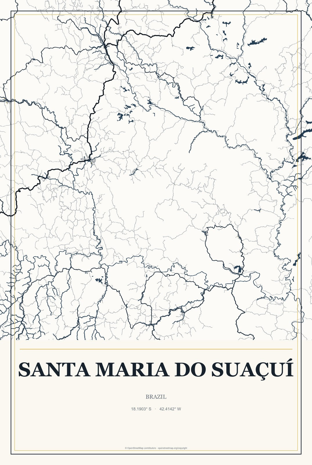 Santa Maria do Suaçuí, Brazil City Map Aluminum Sign in Citrine Modern style