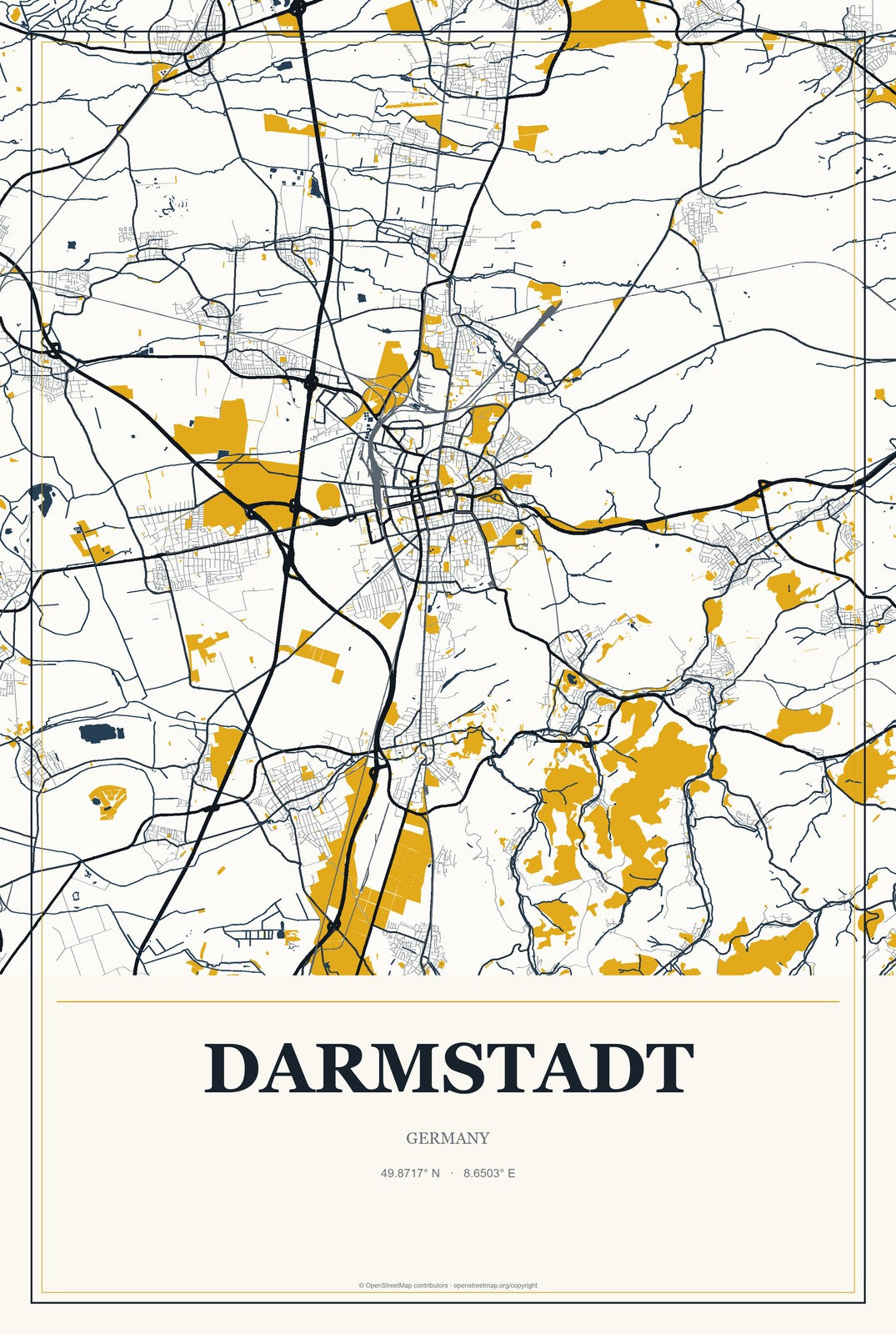 Darmstadt, Germany City Map Aluminum Sign in Citrine Modern style