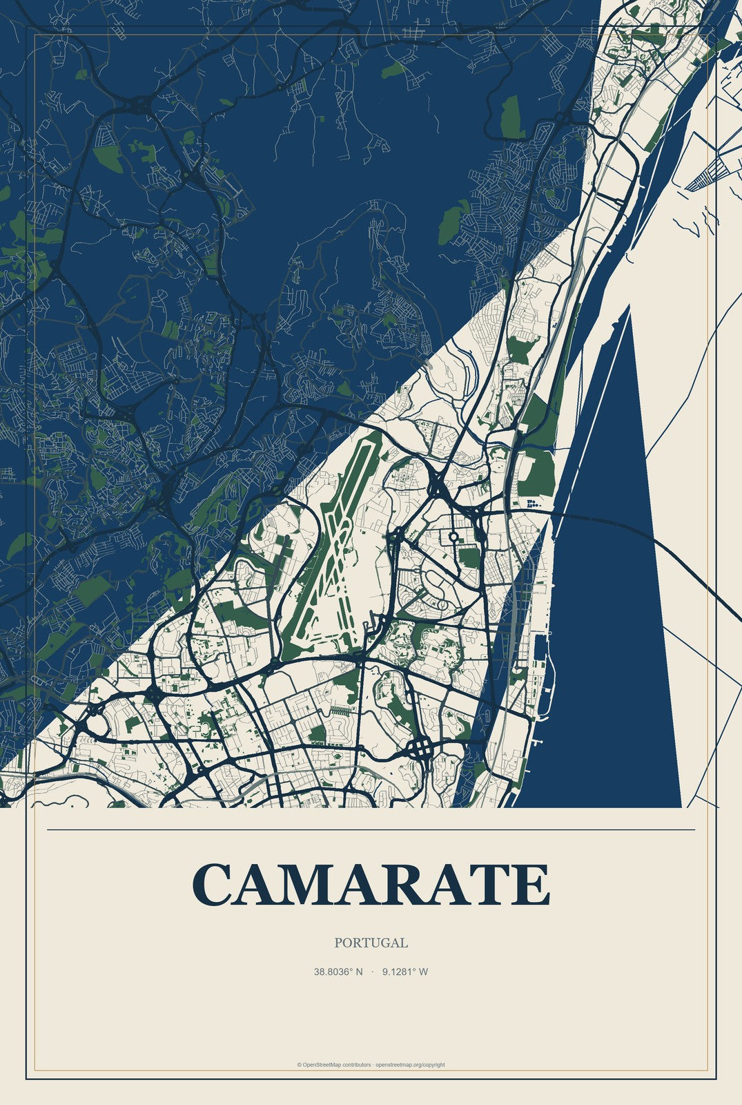 Camarate, Portugal City Map Aluminum Sign in Coastal Cutout style