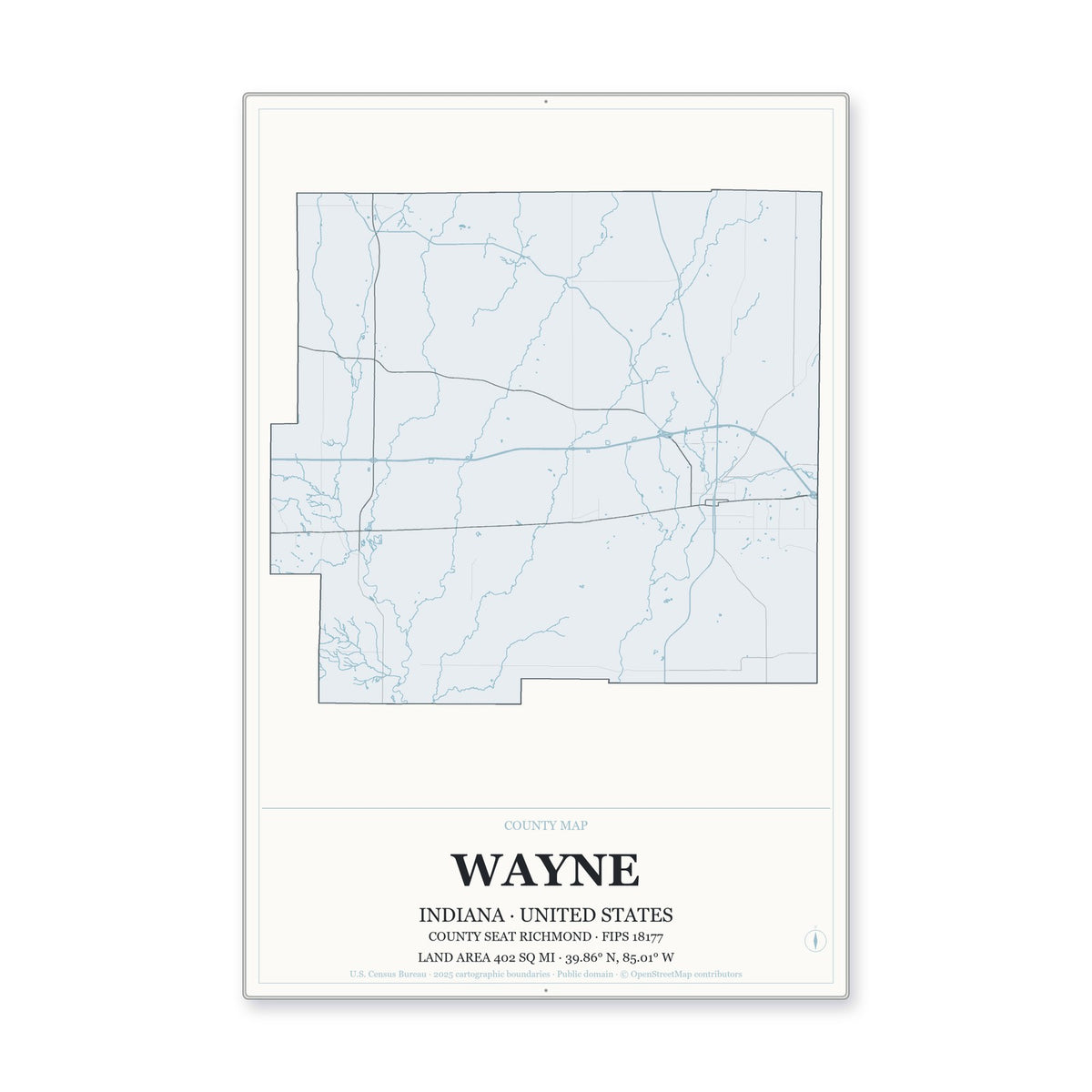 Wayne County, Indiana Map Aluminum Sign in Gallery Air style